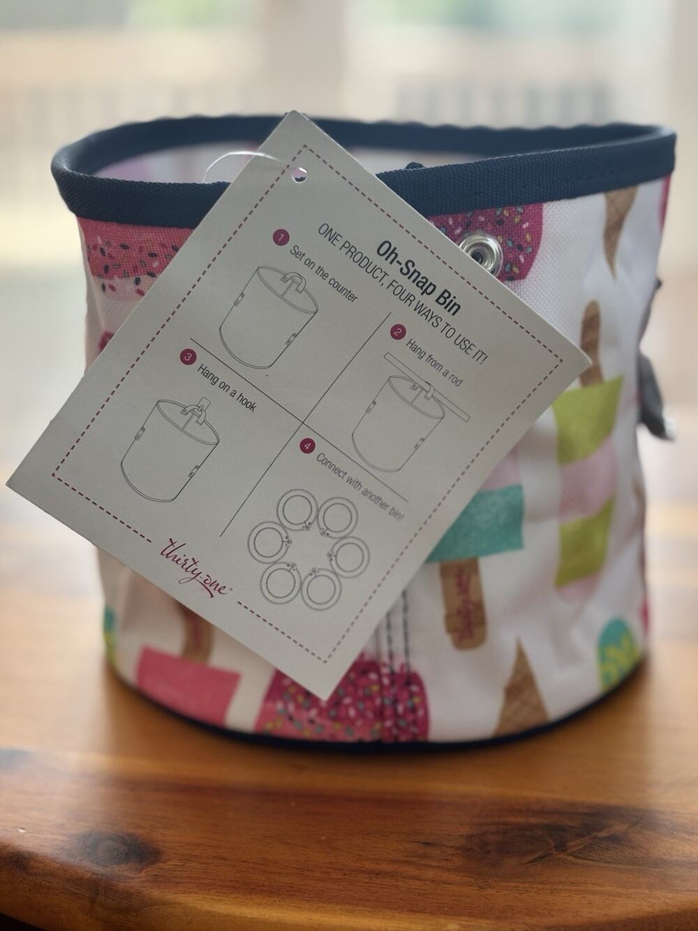 New Thirty-One Oh-Snap Bin Round Ice Cream Print Storage Bin w/ Handles, Hanging
